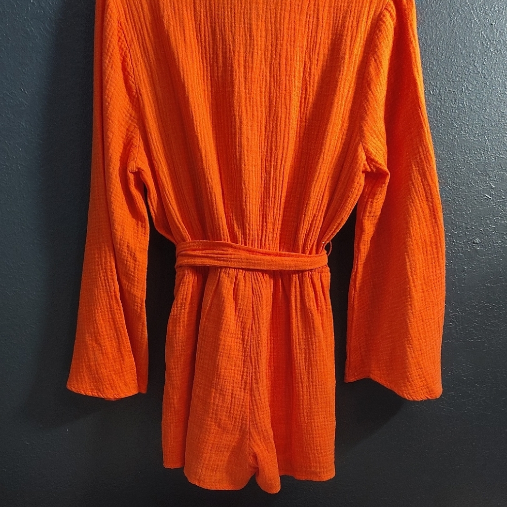 Bright Orange Button-Front Tie-Waist Gauze Romper - Picture 5 of 6